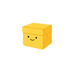 Obraz premium Cheerful yellow box character with a smiling face, set against a plain white background