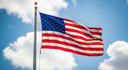 Fototapeta premium American flag waving against a clear blue sky with soft white clouds, creating a patriotic scene.