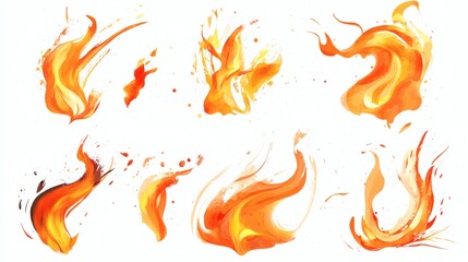 A set collection hand drawn sketch illustration of bright watercolor dynamic flames, lights, fire and torches, featuring various fire elements, isolated on a transparent or white background.