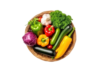 basket with different vegetables top view isolated on white or transparent png