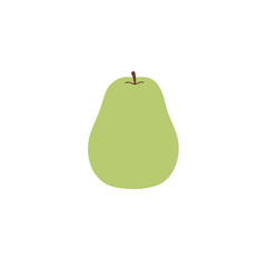 A vibrant green pear with a brown stem, set against a minimalistic white background