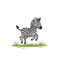 Cartoon zebra running on a white background, drawn in black, white and grey
