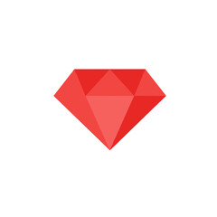 Minimalist illustration of a geometric, multifaceted, faceted red gem on a white backdrop
