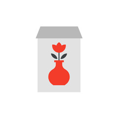 Geometric flower in a red vase against a gray, house-shaped background, clean and simple