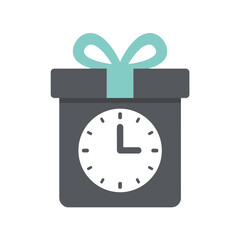Gray gift box with clock face and light blue ribbon on white backdrop, stylized illustration