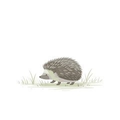 Stylized hedgehog in pale greens with a pointy coat and grass details on a white background