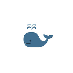 Stylized, simplified blue whale spouting water on a white background