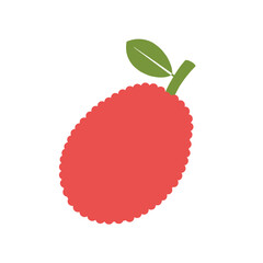 Red fruit illustration with green stem and leaf against a white background, stylized and simplified