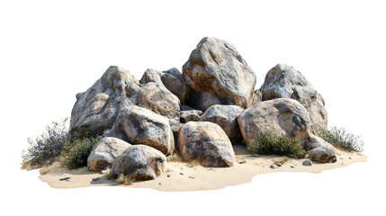 Collection watercolor of large natural rock boulders with rough textured surfaces desert vegetation isolated on a transparent or white background.