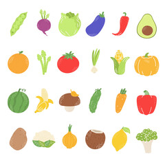 Cute kawaii clipart set fruit and veggie icons in flat style: tomato, banana, avocado, broccoli, and more. Perfect for healthy food stickers and playful childrens designs