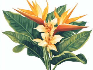 Strelitzia Watercolor artwork of tropical flowers with lush green leaves isolated on a transparent white background botanical illustration