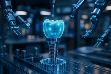 AI generated hightech dental implant with glowing crystal crown assembled by robotic arms in a futuristic lab representing precision and innovation in dental care