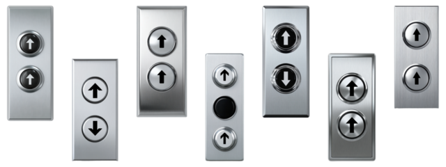Set of metallic elevator buttons with up and down arrows