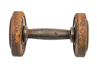 Rusty dumbbell on fitness equipment showcase high fidelity minimalist concept isolated on transparent or white background. PNG for workout, fitness, and gym equipment.