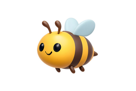 Cute cartoon bee with yellow body, brown stripes, blue wings, and smiling face, isolated on a transparent background