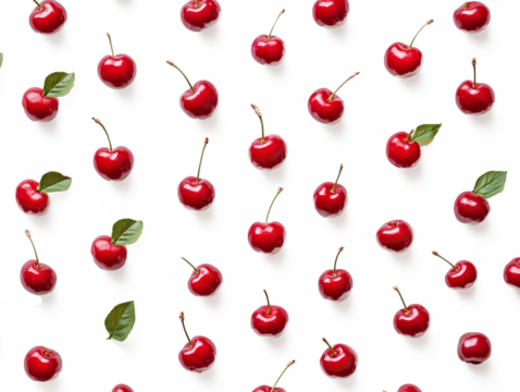 Cherry isolated. Fresh ripe cherries with leaves isolated on a transparent or white background.Sweet cherries pile seamless pattern. Berries and fruits. Vegan. Healthy eating.