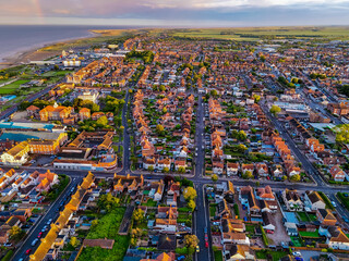 Sunset Aerial Panoramic View of the UK Seaside Skegness, a busy tourist town with something for everyone, from stunning campsites to a sunset to die for, showcases the beauty serene sunset. June 2025