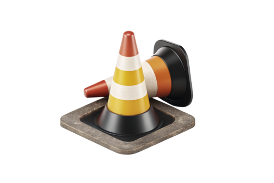 Orange traffic cone design and construction tools, isolated on a transparent background