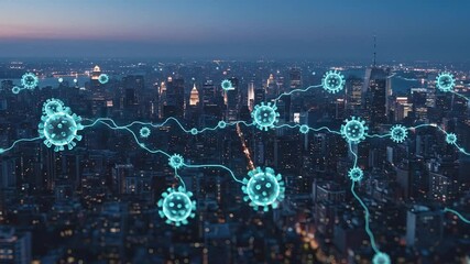 Cityscape at night with abstract virus and downward trend - Powered by Adobe