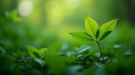 Obraz premium Fresh green leaves glisten in the morning sun, capturing the essence of nature's vibrant growth in a garden's embrace