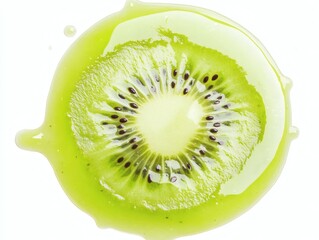 Puddle of green Kiwi Smoothie Bowl with Coconut Toppings. Kiwi slices with splash of kiwi juice isolated on transparent or white background.