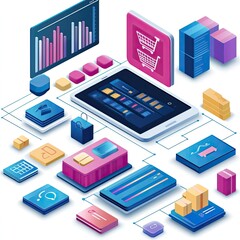 E-commerce growth visualized with product listings, customer orders, mobile sales, backend dashboards, digital inventory, efficient logistics, seamless checkouts, profit scaling.