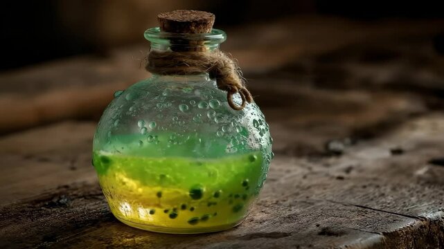 Sparkling green potion in round glass bottle indoors