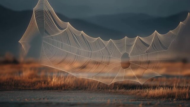 Flying witch broom drawing web in the twilight sky