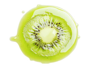 Puddle of green Kiwi Smoothie Bowl with Coconut Toppings. Kiwi slices with splash of kiwi juice isolated on transparent or white background.