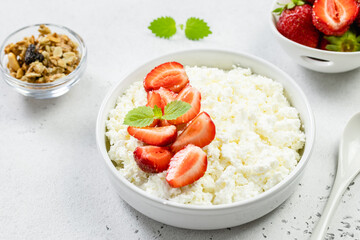 Coconut cream cottage cheese berry bowl. Top view, copy space, flat lay.