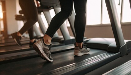 Two young women running on treadmills in modern gym 