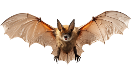 Flying brown bat wings extended, isolated on white, night fauna, mysterious mammal, wildlife vector illustration, isolated on transparent background.