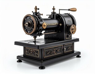 Fototapeta premium Antique Black Sewing Machine with Ornate Gold Details Vintage Sewing Equipment Industrial Design