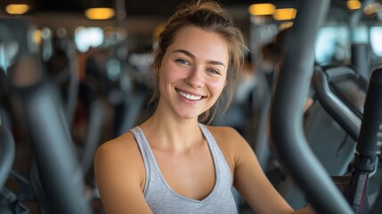 Fit young woman in sportswear smiling while working out on a crosstrainer during an exercise session in a health club 