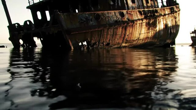Rusting Relic: Sunken Shipwreck With Moody Water Reflections