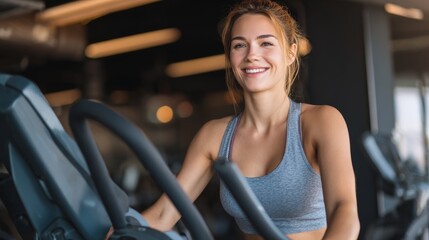 Fit young woman in sportswear smiling while working out on a crosstrainer during an exercise session in a health club 