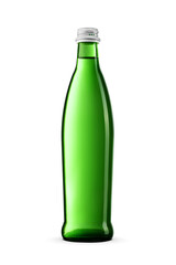 Purified water in a green glass bottle with aluminum screw cap without label isolated. Transparent PNG image.