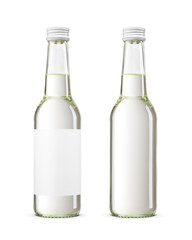 Clear glass bottle with screw cap isolated. Hard liquor, syrup product presentation. Transparent PNG image.