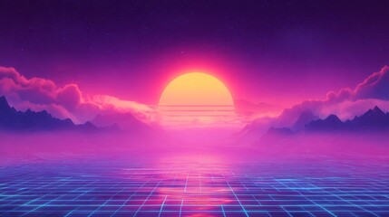 Fototapeta premium dreamy synthwave scene, a radiant sunset with pink and orange hues, vaporwave grid in the background, deep purple skies, vibrant neon lighting in magenta and cyan, retro-futuristic atmosphere, cinemat