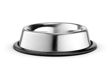 Empty clean steel bowl for cat or dog food isolated. Transparent PNG image.