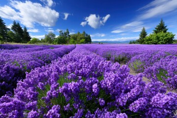 Lavender field in full bloom under a blue sky with fluffy clouds on a sunny day