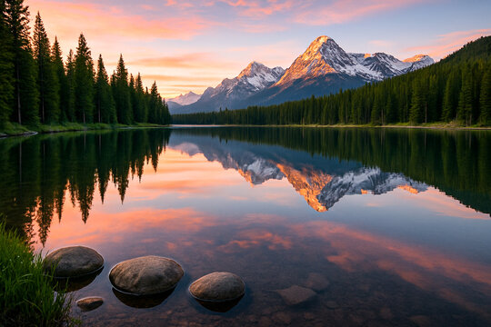Golden sunset light falls over snowy mountain peaks, green pine trees, and a calm reflective lake, blending warmth and chill in a breathtaking natural landscape