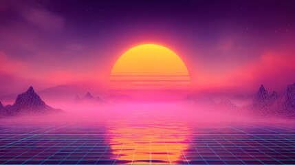 Fototapeta premium dreamy synthwave scene, a radiant sunset with pink and orange hues, vaporwave grid in the background, deep purple skies, vibrant neon lighting in magenta and cyan, retro-futuristic atmosphere, cinemat