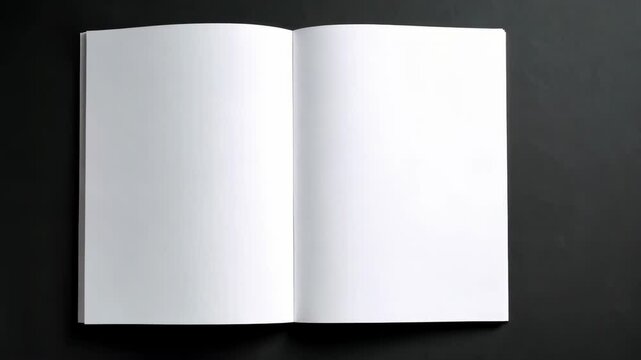Open blank notebook with white pages displayed on a dark gray surface, showcasing a central spine ideal for writing, sketching or creative design mockups.