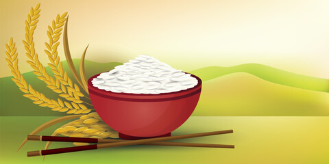 Rice Bowl and chopstick. Vector illustration.