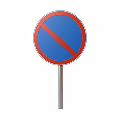 No parking road sign, blue and red circle with pole, isolated on transparent background.