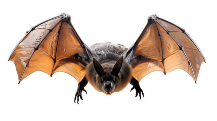 Closeup flying brown bat, wings extended, nocturnal mammal, dark furry texture, wildlife vector illustration, isolated on transparent background.