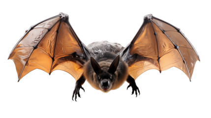 Closeup flying brown bat, wings extended, nocturnal mammal, dark furry texture, wildlife vector illustration, isolated on transparent background.