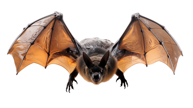 Closeup flying brown bat, wings extended, nocturnal mammal, dark furry texture, wildlife vector illustration, isolated on transparent background.