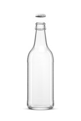 500ml long neck clear glass bottle, open and empty, crown cork isolated. 3D rendering illustration. Transparent PNG image.